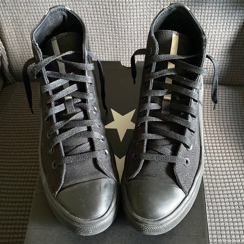 Converse platform sneakers; Women’s size 9; Black high top with black soles